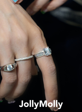 JollyMolly925银原创小众闺蜜礼物轻奢百搭重工高碳钻冰糖排钻戒