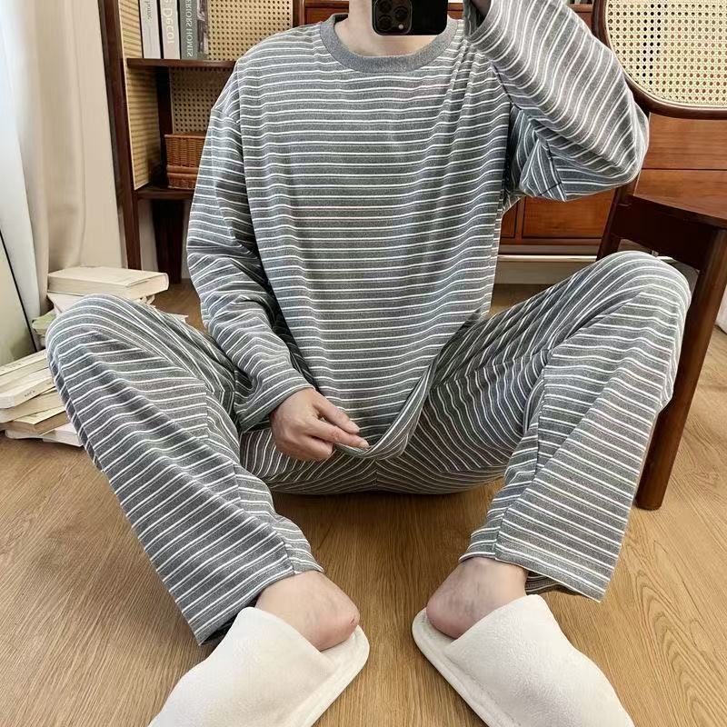 情侣睡衣秋冬季德绒保暖宽松大码加肥韩版条纹可出门青年套装学生