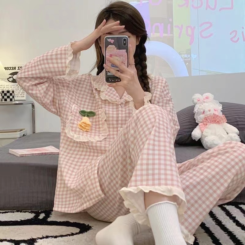 纯棉睡衣女新款华夫格套装