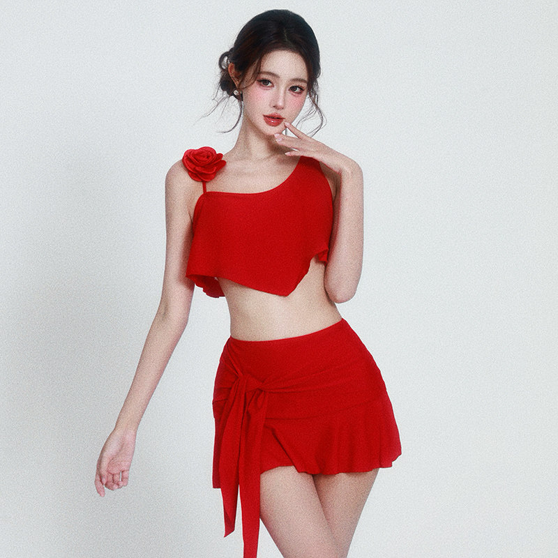 绝美网红爆款性感裙式分体女士保守泡温泉海边度假红色高级感泳衣