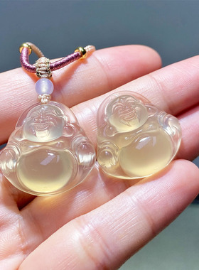 香槟金天然高冰玉髓佛公项坠女款项链款白冰弥勒佛大肚佛玛瑙吊坠