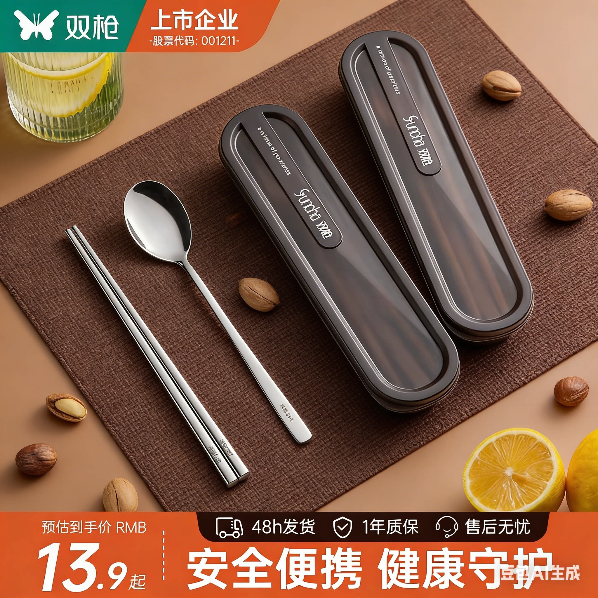 双枪316L不锈钢筷子勺子套装304不锈钢便携盒收纳盒餐具学生套装