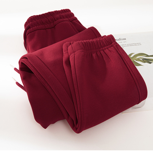 卫裤女士秋冬加绒加厚2025新款酒红小个子休闲束脚显瘦运动哈伦裤