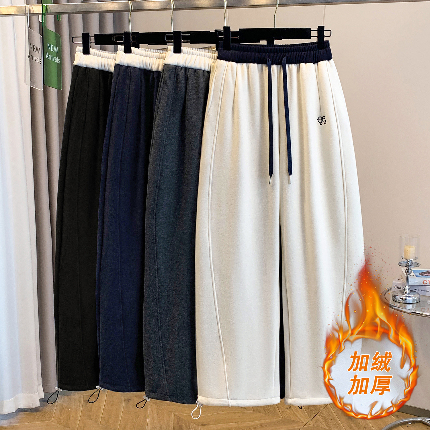 运动裤女秋冬2025新款美式束脚抽绳宽松直筒加绒休闲白色卫裤子潮