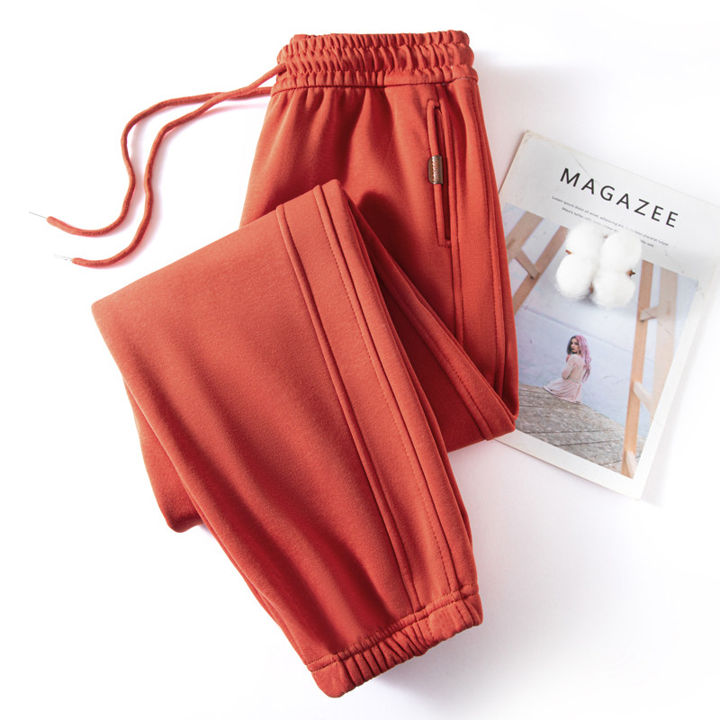 橘红色卫裤女秋冬加绒加厚