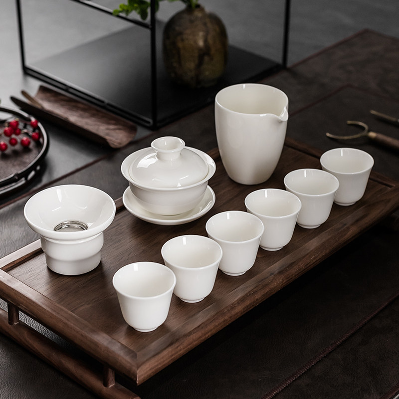 羊脂玉白瓷茶具套装高档轻奢功夫茶杯办公室会客盖碗泡茶杯套装