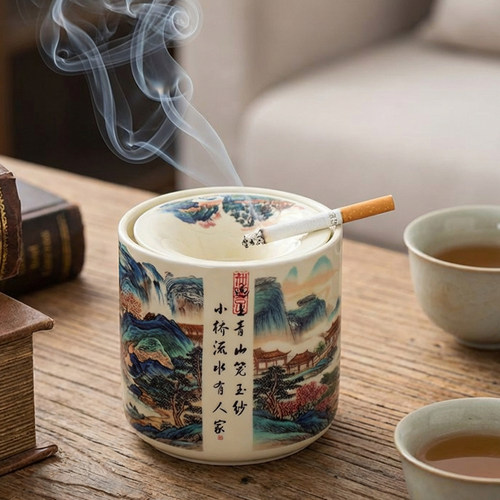 中式复古陶瓷带盖防飞灰烟灰缸