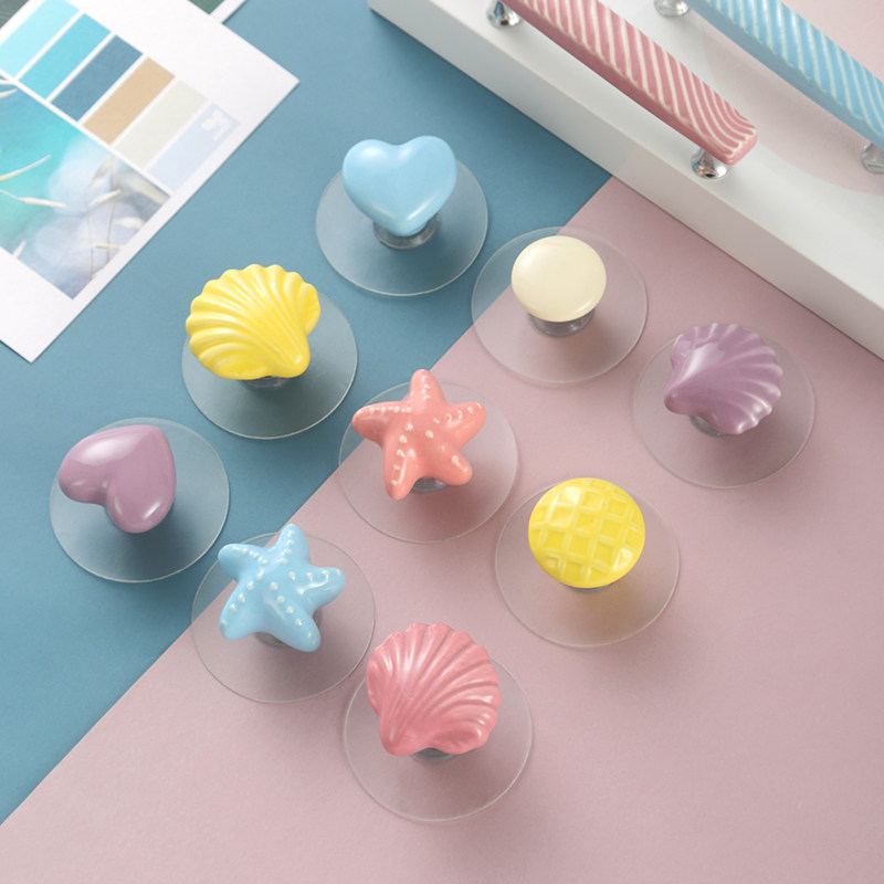 儿童房彩色陶瓷免钉拉手抽屉衣橱柜门免打孔把手门后挂钩粘胶吸盘