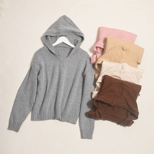 缘箪自留52%羊毛连帽线衣软糯保暖V领宽松慵懒感短款 单穿叠穿毛衣