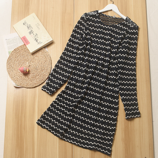 原d ~度假风圆领长袖针织蕾丝缕空波浪纹连衣裙女气质罩衫长裙