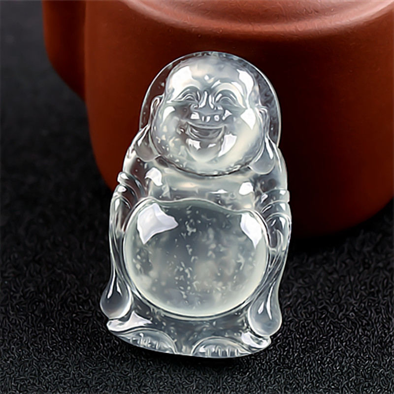 美玉佳缘 天然A货翡翠佛公吊坠玻璃种雪花棉木那料玉佛弥勒佛挂件