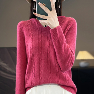 一线成衣100%纯羊毛衫女连帽套头毛衣扭花气质内搭羊绒针织衫帽衫