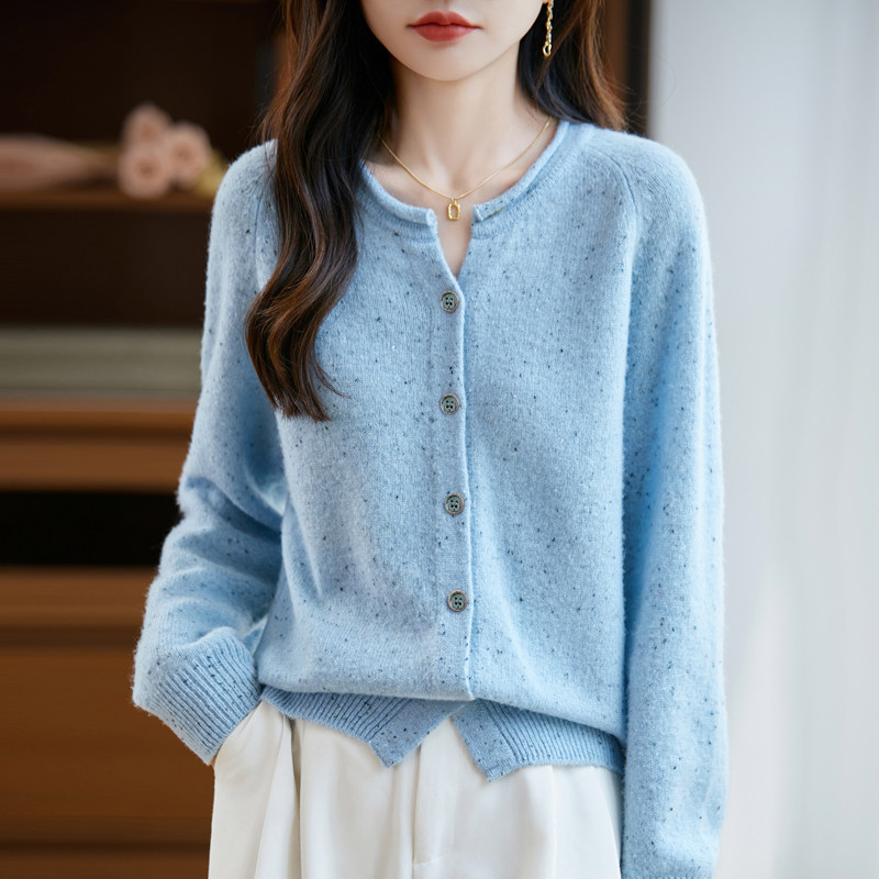 秋冬新款100%纯羊毛开衫女圆领点子纱洋气宽松加厚针织衫外套毛衣