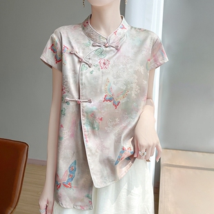斜襟盘扣印花气质短袖 新中式 新款 女立领夏季 t恤上衣 国风缎面衬衫