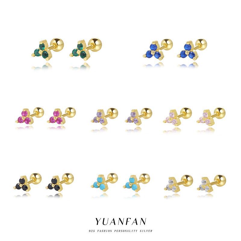 s925纯银跨境欧美三角形彩色锆石耳钉个性几何幸运草叠戴迷你耳饰