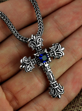 S925银个性火焰十字项链百搭挂坠泰银复古毛衣链吊坠一件代发