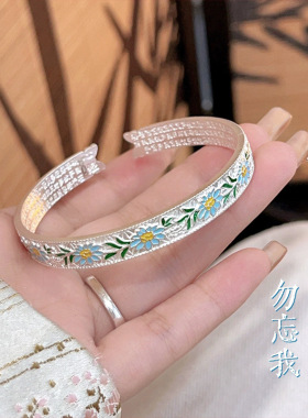一路生花足银9999纯银手镯女小众新中式心经胖东来镯子送长辈礼物