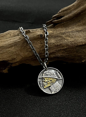 925银做旧骷髅圆币吊坠男泰银币复古街头潮嘻哈圆牌硬币挂坠配饰