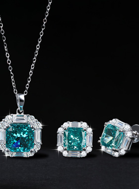 跨境新款帕拉伊巴冰花切镶嵌梯方糖蓝宝石项链s925银时尚轻奢项链