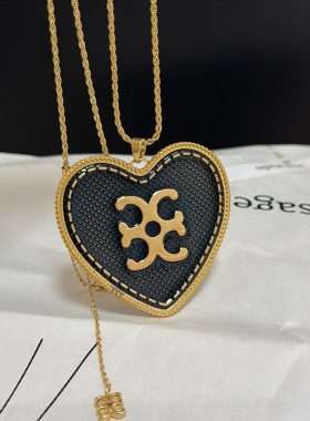 铜镀金爱心吊坠项链  复古风牛仔色珐琅滴釉桃心LOGO时髦毛衣链