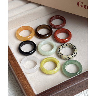 玛瑙素圈不褪色指环 细圈叠戴戒指 新中式 天然石粉晶石极简个性