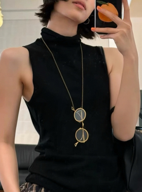 复古做旧眼镜造型吊坠项链  时髦百搭铜镀古金古银可调节长款项链