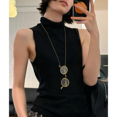 复古做旧眼镜造型吊坠项链  时髦百搭铜镀古金古银可调节长款项链