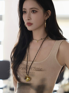 孟子义明星同款金属酒杯搭配虎眼石吊坠毛衣链  手工编绳抽拉项链