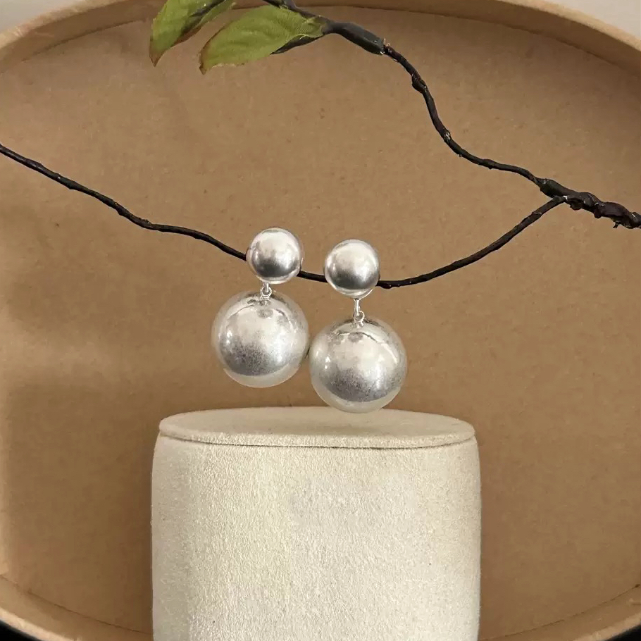 925银针复古银色做旧前后两戴大小空心球小灯泡耳钉简约时髦耳环