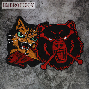 猫咪吃鱼图案刺绣布贴 外套皮衣装饰贴 熊头DIY修补辅料贴 有背胶