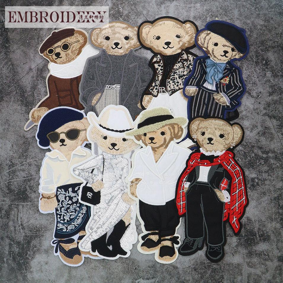 卡通小熊复古豹纹翻领布贴