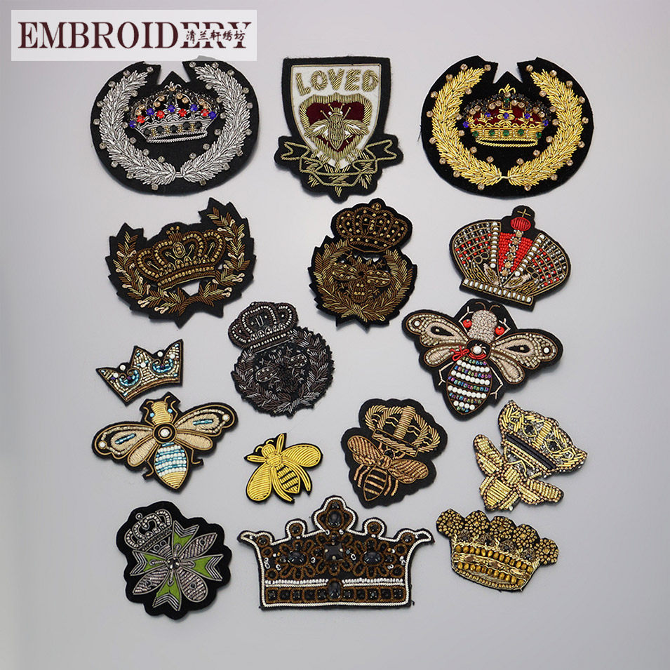 高档印度丝徽章手工刺绣水钻珠子皇冠蜜蜂衣服diy装饰配件 可缝