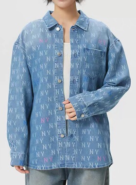 MLB春季男女款刺绣老花NY运动休闲长袖翻领牛仔衬衫外套3ADRM0561