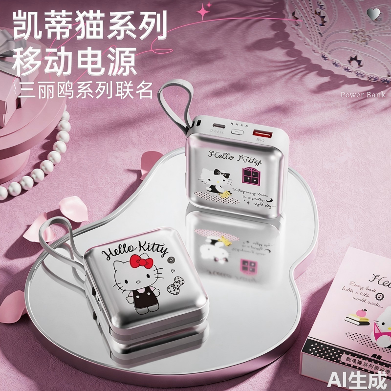【3C认证可上飞机】hellokitty充电宝超薄小巧便携自带线10000毫安迷你轻薄三合一适用苹果专用iPhone15pro