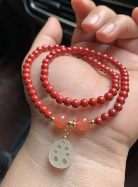 高含量朱砂手链4mm多圈女本命年红绳手串和田玉藕片吊坠情侣礼物