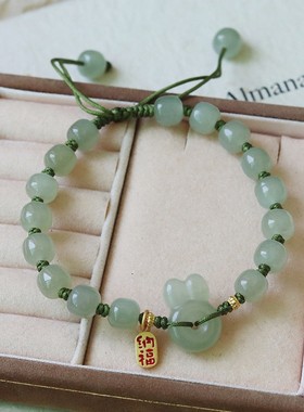 和田玉手链天然青海晴水色兔子手串女玉石手工编织手环礼物送证书