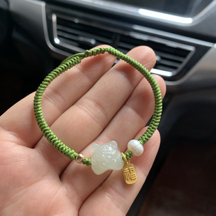 和田玉老虎手链青白玉晴水色十二生肖通孔手串手工编织虎头手绳