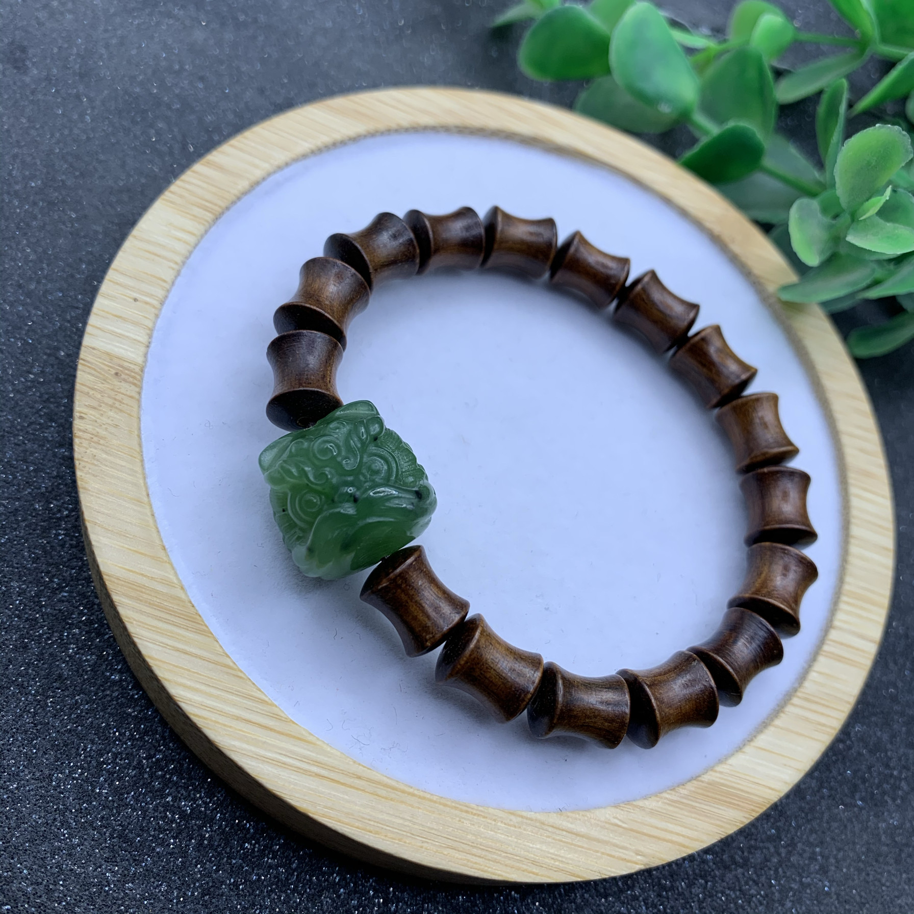 天然和田玉碧玉醒狮手串花梨木小狮子竹节手串黄花梨佛珠饰品手链