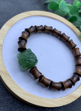 天然和田玉碧玉醒狮手串花梨木小狮子竹节手串黄花梨佛珠饰品手链