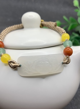 天然和田玉白玉莲花手牌手工编织玉手牌手链连年有余手绳女送证书