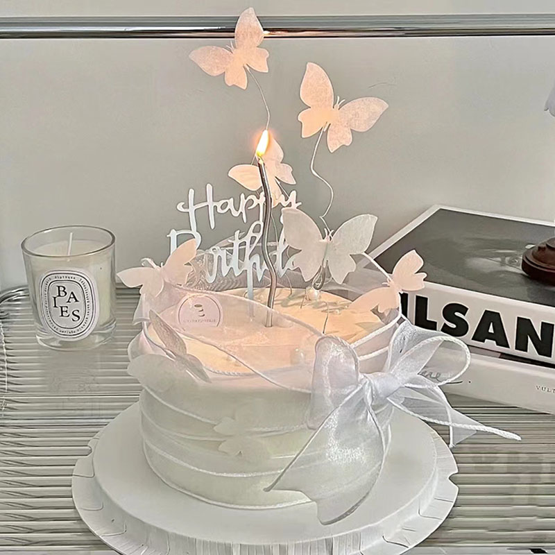 网红ins风白色蝴蝶蛋糕装饰唯美浪漫送女神生日快乐插牌丝带插件h