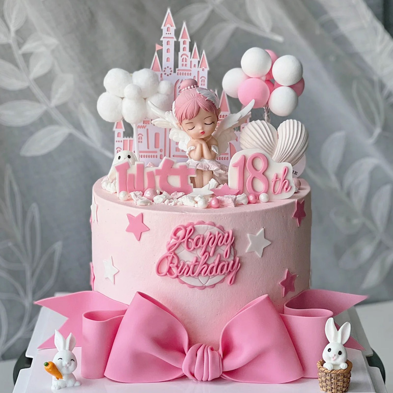 蝴蝶结小仙女蛋糕装饰贝拉公主城堡小兔子女孩十八周岁生日插件z