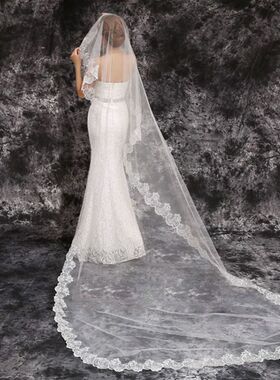 婚礼新娘头纱拍照道具主婚纱网红超仙长拖尾结婚白色短款蕾丝头纱