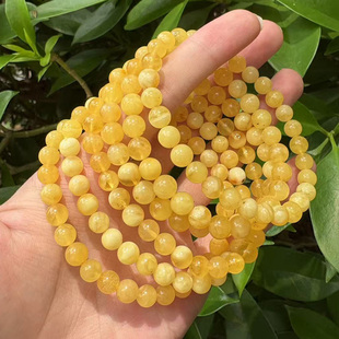 俄料原矿琥珀蜜蜡满蜜鸡油黄圆珠单圈手串手链男女配饰