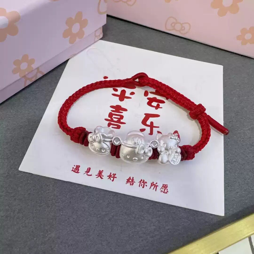 足银999精品三件套KT猫手绳子手工编织手链儿童女孩生日礼物