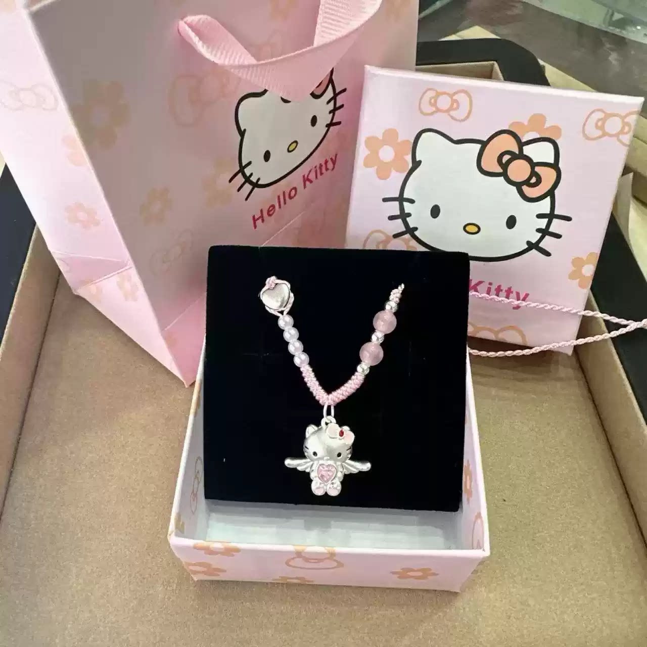 足银 999hellokitty爱心天使凯蒂猫吊坠纯银编绳项链款送儿童女友