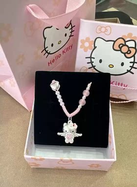 足银 999hellokitty爱心天使凯蒂猫吊坠纯银编绳项链款送儿童女友