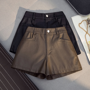 百搭显瘦A字外穿宽松阔腿靴裤 高腰皮短裤 时尚 韩版 女2025秋冬新款
