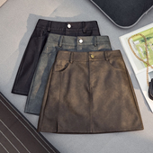 高腰小皮裙黑裙女2025秋冬新款 复古简约高腰包臀半身裙A字短裙子