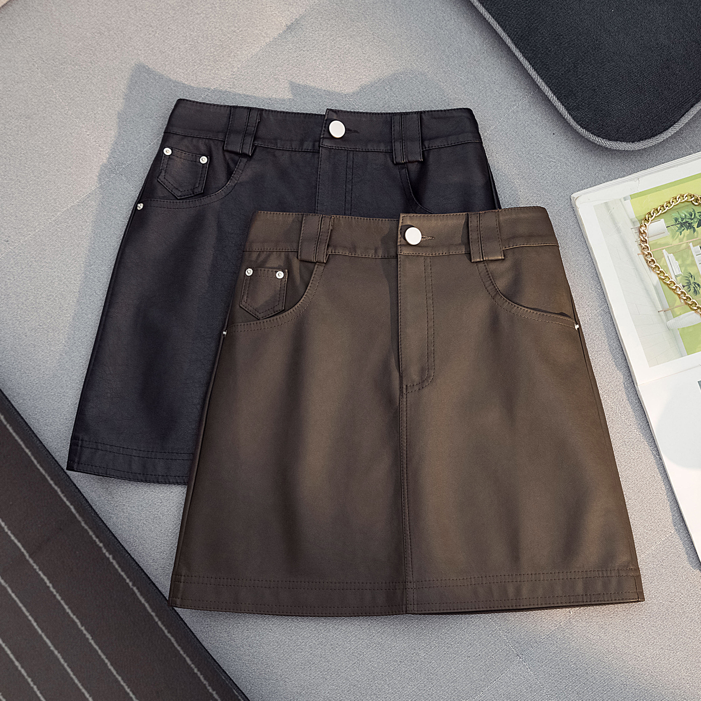 黑色皮短裙女秋冬半身裙A字裙